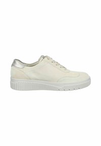 Light beige suede low-top sneaker with silver heel detail, lace-up front, and thick grooved white rubber sole.