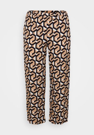 Lichte, gestreepte broeken met een geometrisch patroon in beige, zwart en wit, voorzien van een elastische tailleband voor comfort.