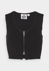 Musta pystysuora neule sleeveless crop toppi edessä vetoketjulla. Ominaisuuksiin kuuluu pyöreä pääntie ja suora helma. Tunnus näkyy sisällä.