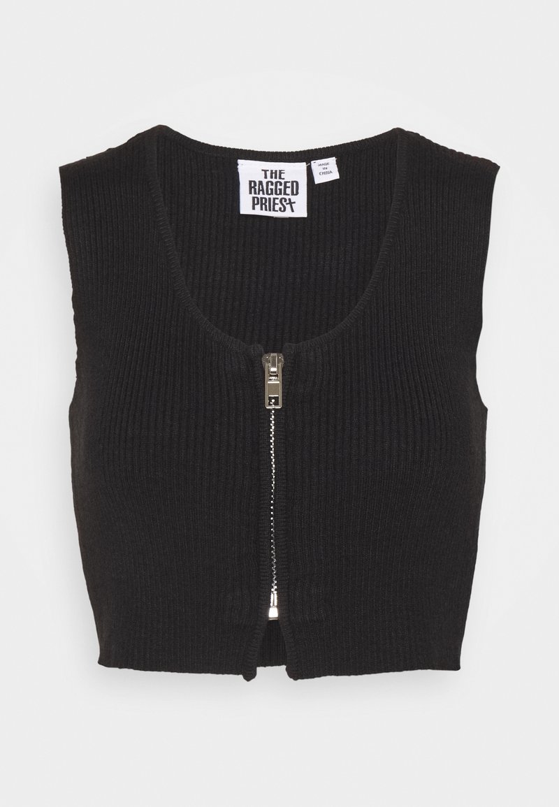 Musta pystysuora neule sleeveless crop toppi edessä vetoketjulla. Ominaisuuksiin kuuluu pyöreä pääntie ja suora helma. Tunnus näkyy sisällä.