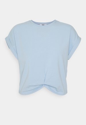 Light blue short-sleeve t-shirt with rolled cuffs and a gathered twist knot detail at the front hem.