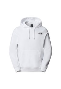 Vit hoodie i mjukt tyg, med en framficka, snörning i huvan och en liten svart logotyp på bröstet.
