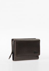 Brown leather wallet featuring a fold-over design, zippered compartment, and embossed logo on the front. Smooth texture, compact shape.