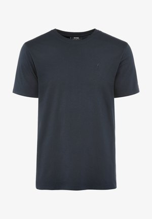 Granatowa bawełniana koszulka z okrągłym dekoltem, krótkimi rękawami i małym haftowanym logo na lewym obszarze klatki piersiowej. Gładka faktura.