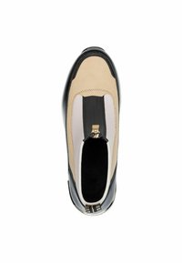 Pantofle negre și bej, cu un superior sintetic neted, accente din suede, vârf rotund și un detaliu decorativ cu fermoar auriu în față.
