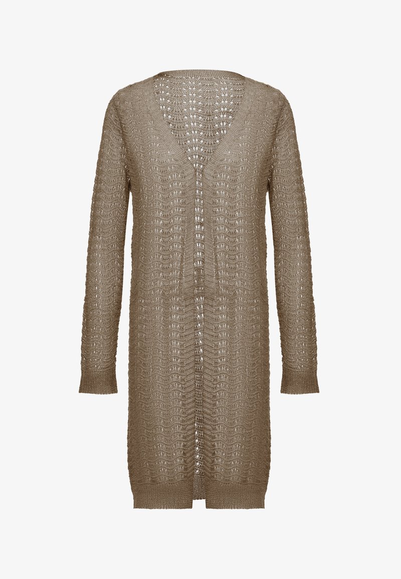 Leichter, langer beiger Cardigan mit tiefem V-Ausschnitt, offener Vorderseite, langen Ärmeln und einem strukturierten, offenen Strickmuster.