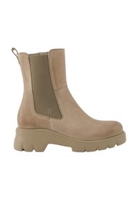 Beige Knöchelstiefel aus strukturiertem Leder, mit elastischen Seitenpaneelen und einer robusten Gummisohle für besseren Halt. Verfügt über eine Schlaufe zum einfachen Anziehen.