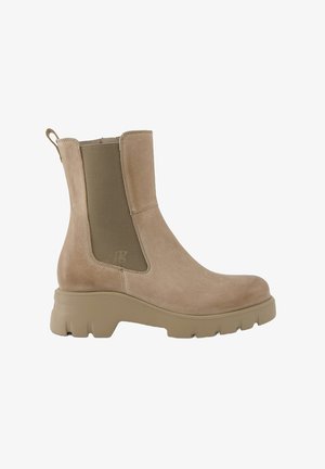 Beige kotníkové boty z texturované kůže, s elastickými bočními panely a robustní gumovou podrážkou pro lepší přilnavost. Obsahují poutko pro snadné obutí.