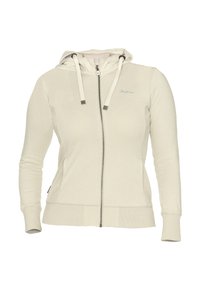 Felpa con zip in tessuto beige chiaro, con cappuccio regolabile, polsini e orlo a costine, e discreto logo blu sul petto.