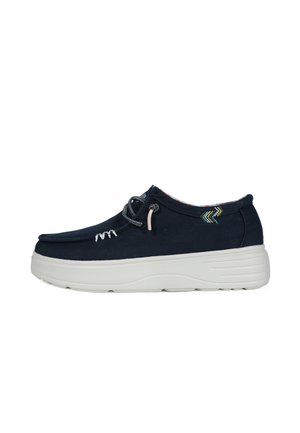 Sneaker in tela navy con suola bianca, lacci grigi e cuciture decorative. Presenta accenti colorati sul tallone e una suola testurizzata.