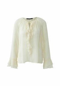 Langärmlige cremefarbene Bluse mit Rüschendetails am Kragen und an den Ärmeln, mit einem Schlitz-Detail an der Vorderseite und einem leichten, strukturierten Stoff.