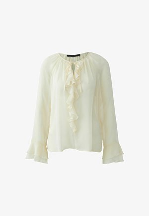 Langärmlige cremefarbene Bluse mit Rüschendetails am Kragen und an den Ärmeln, mit einem Schlitz-Detail an der Vorderseite und einem leichten, strukturierten Stoff.