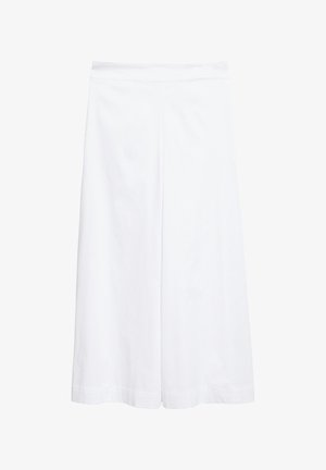 Pantaloni bianchi cropped a gamba larga con vita aderente e fronte pulito e liscio, mostrati su uno sfondo bianco semplice.