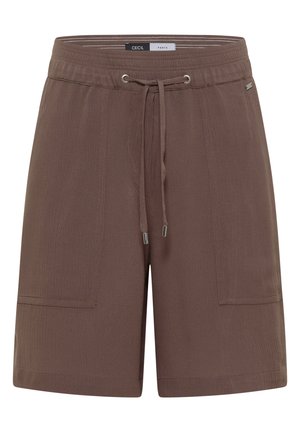 Brune afslappede shorts med elastisk talje, snøre foran, store sidelommer og mærke på taljebåndet.