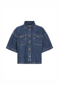 Chemise boutonnée en denim bleu foncé à manches courtes, avec deux poches poitrine et un col pointu.