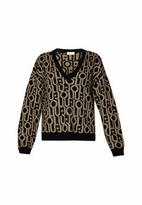 Pull noir et beige à manches longues col en V avec un motif abstrait circulaire et linéaire sur toute la surface, avec poignets et ourlet côtelés.