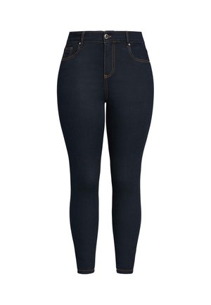 Vaqueros pitillo de talle alto en azul oscuro con bolsillos delanteros y traseros, costuras en contraste, cierre de botón y cremallera.