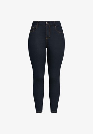 Dunkelblaue, hoch taillierte Skinny-Jeans mit Vorder- und Gesäßtaschen und kontrastierenden Nähten, Knopfverschluss und Reißverschluss.