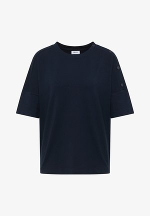 Camisa de manga corta azul marino con escote redondo y detalles de botones en el hombro y la manga izquierda, etiquetada como "CECIL".