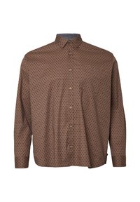 Long-sleeve brown shirt with a patterned design, button-up front, and a small chest pocket. Features a classic collar and soft fabric texture.