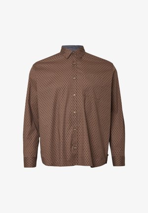 Brązowa koszula z długim rękawem z wzorzystym wzorem, zapinana na guziki z małą kieszenią na piersi. Posiada klasyczny kołnierzyk i miękką teksturę tkaniny.