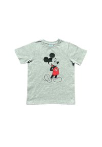 Grijze katoenen t-shirt met een afbeelding van een cartoonfiguur in zwart en rood, korte mouwen en een ronde hals.