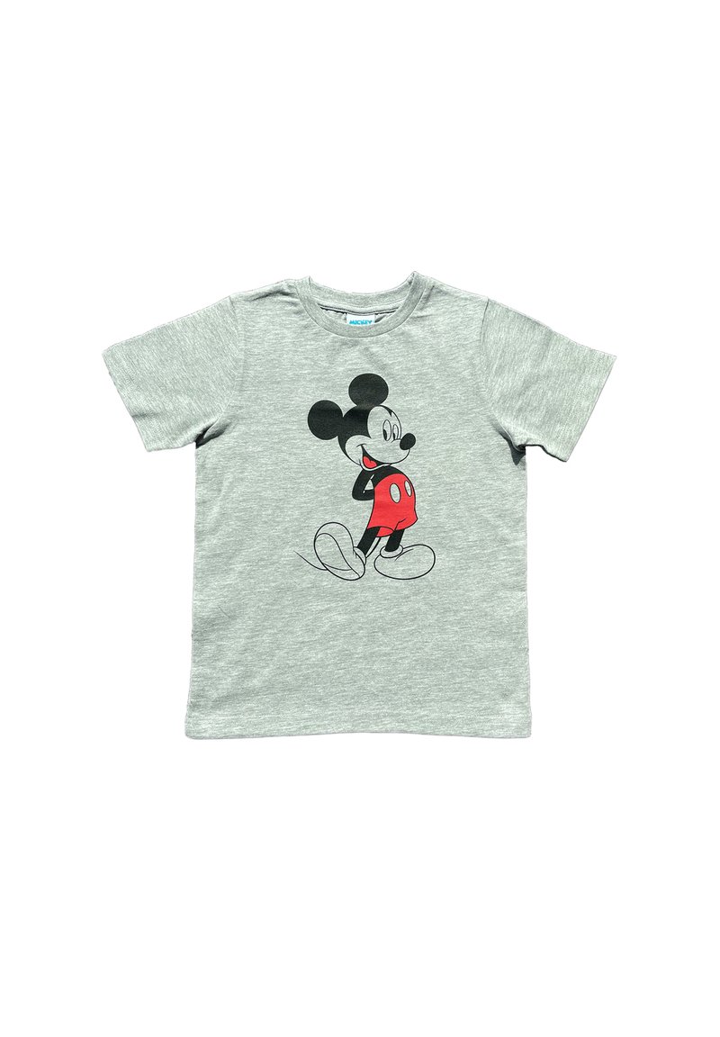 Grijze katoenen t-shirt met een afbeelding van een cartoonfiguur in zwart en rood, korte mouwen en een ronde hals.