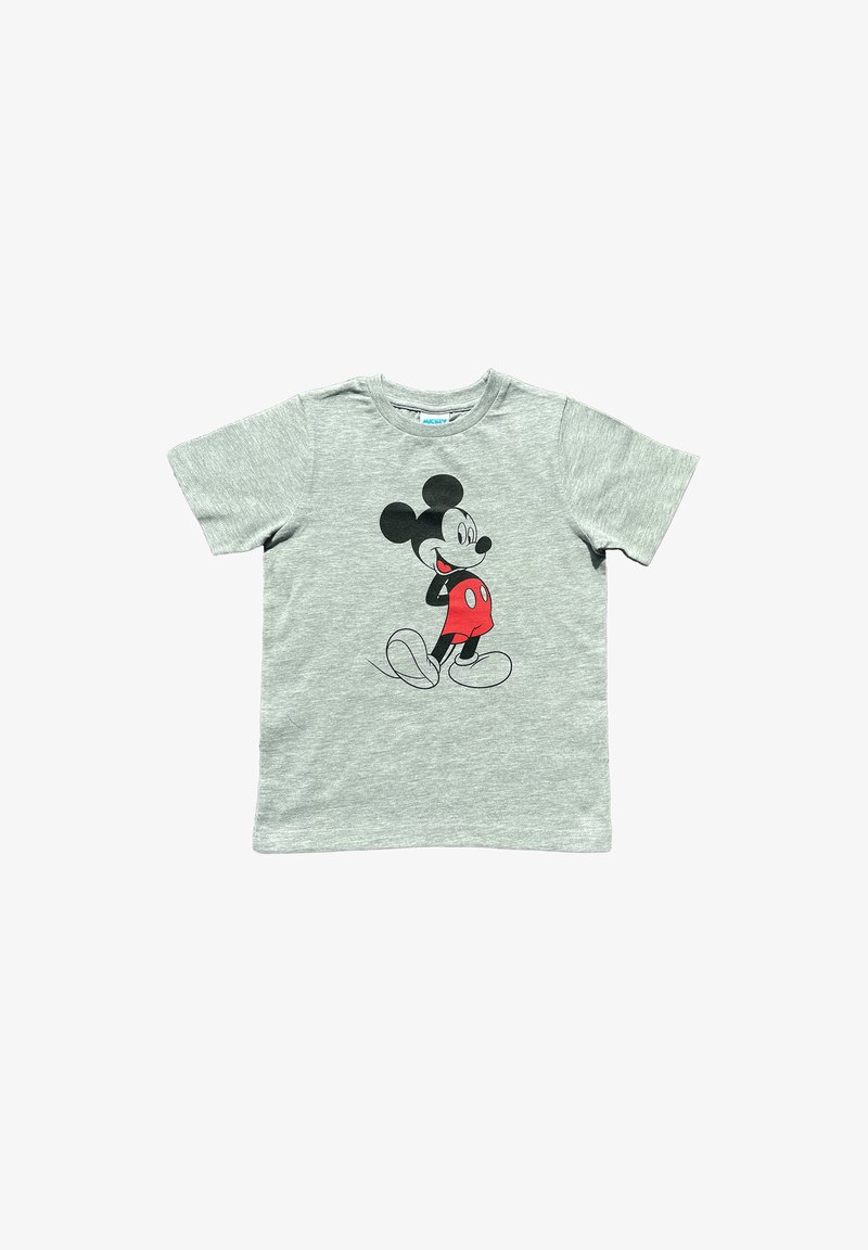 Camiseta de algodón gris con un gráfico de un personaje de dibujos animados en negro y rojo, con mangas cortas y un diseño de cuello redondo.