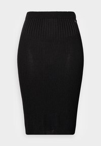 Jupe en tricot côtelé noir avec une silhouette ajustée, présentant une large ceinture et une surface texturée, sans attaches ni motifs visibles.