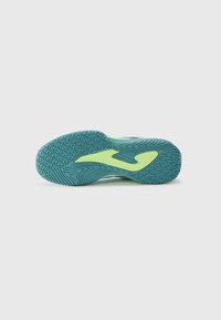 Semelle de chaussure en teal et vert lime, présentant une surface texturée avec des motifs en zigzag et un élément de design courbé bien marqué.