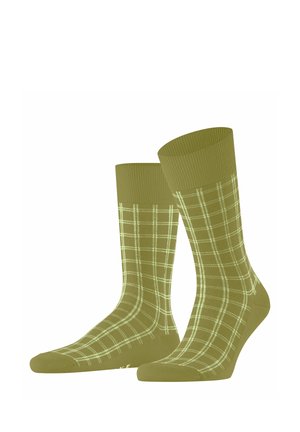 Chaussettes mi-mollet vert olive avec un motif à carreaux vert clair et des bordures côtelées, présentées côte à côte sur un fond blanc.