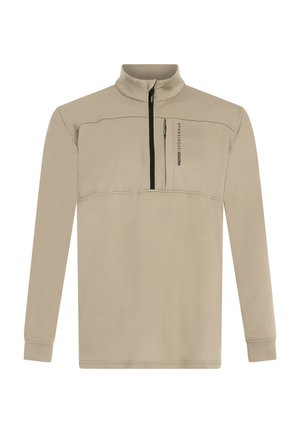 Beige langemouw pullover met een hoge kraag en een halve rits. Kenmerken zijn een gestructureerde stof en een ritszak op de borst met zwarte hardware.