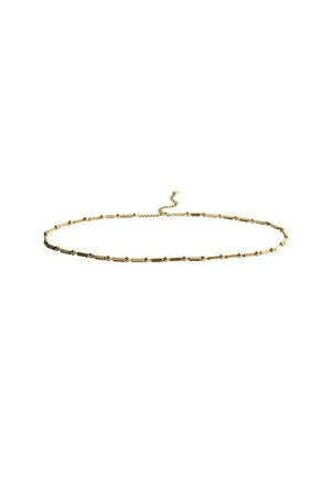 Gold-toned chain necklace featuring elongated rectangular links, small round beads, and a lobster clasp with an adjustable chain for length.