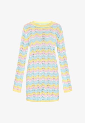 Lightweight, knitted long-sleeve sweater featuring a wavy pattern in blue, pink, and yellow, with a solid yellow crew neckline and cuffs.
