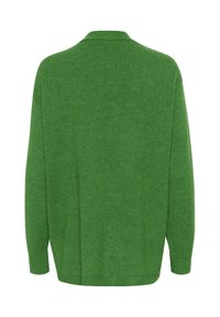 Zelený pletený svetr s volným střihem, dlouhými rukávy a límcem. Má strukturovanou látku a mírně oversized siluetu.