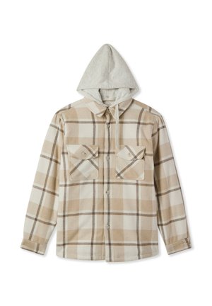 Camicia in flanella a quadri beige e bianca con cappuccio grigio. Presenta due tasche sul petto, chiusura con bottoni e maniche lunghe. Morbido al tatto, design casual.