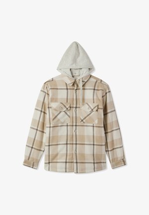 Camicia in flanella a quadri beige e bianca con cappuccio grigio. Presenta due tasche sul petto, chiusura con bottoni e maniche lunghe. Morbido al tatto, design casual.
