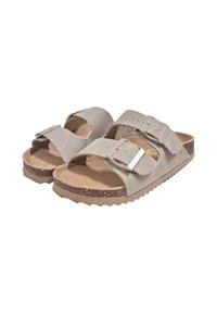 Sandali in suede beige con due cinturini regolabili, fibbie in argento e una soletta in sughero testurizzata. Suola in gomma con un motivo a onde per una migliore aderenza.