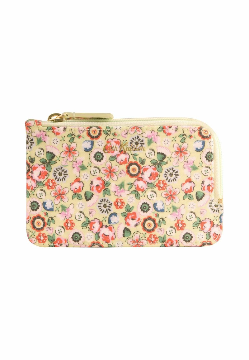 Portofel dreptunghiular mic, cu fundal crem, model floral multicolor și fermoar auriu în partea dreaptă sus.