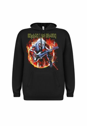 Czarna bluza z kapturem z kolorową grafiką przedstawiającą postać grającą na gitarze otoczoną płomieniami, z napisem "IRON 1X IDEN" powyżej.