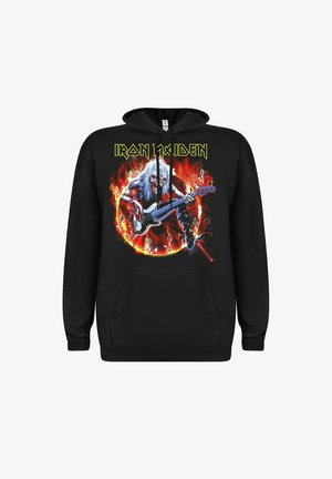 Czarna bluza z kapturem z kolorową grafiką przedstawiającą postać grającą na gitarze otoczoną płomieniami, z napisem "IRON 1X IDEN" powyżej.
