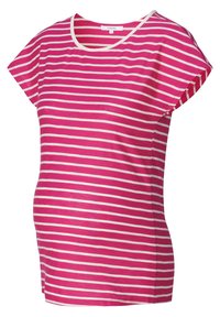 Blusa de maternidad a rayas rosa y blanca con mangas cortas, cuello redondo y una silueta ajustada diseñada para la comodidad y la elasticidad.