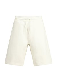 Shortsit ovat vaalean kermaisen väriset, polvipituudet ja valmistettu pehmeästä kankaasta. Niissä on joustava vyötärönyöri ja nauha, sekä kaksi sivutaskua ilman näkyviä kuvioita.