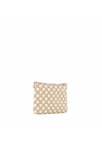 Beige stoffen pouch met een verfijnd goud geometrisch patroon, rits sluiting en een gladde textuur. Zacht lichaam met afgeronde hoeken en minimale hardware.