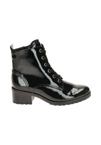 Zwarte lakleren enkelboots met een ronde neus, vetersluiting aan de voorkant en een lage blokhak. Voorzien van zilveren oogjes en een lus aan de achterkant.