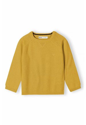 Senapsgul stickad tröja med rund halsringning, långa ärmar, ribbade muddarna och ett subtilt trekantsmönster på framsidan.