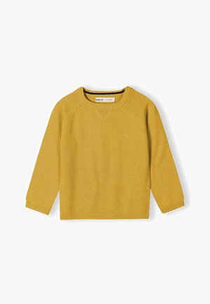 Gorčično rumena pletena jopica z okroglim izrezom, dolgimi rokavi, rebrastimi manšetami in subtilnim trikotnim vzorcem spredaj.