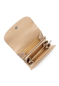 Beige leather wallet with a snap closure, featuring multiple card slots and two compartments. Smooth texture and neat stitching details.