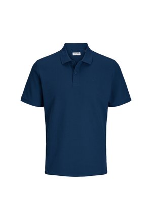 Dunkelblaues Poloshirt aus strukturiertem Stoff; mit Kragen, dreiknöpfiger Knopfleiste und kurzen Ärmeln.
