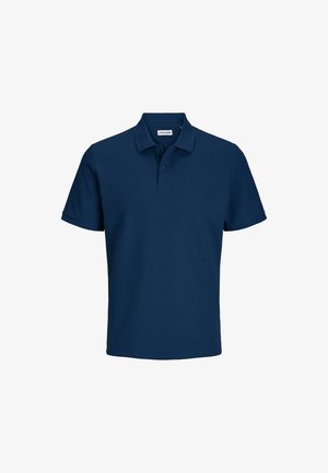 Dunkelblaues Poloshirt aus strukturiertem Stoff; mit Kragen, dreiknöpfiger Knopfleiste und kurzen Ärmeln.